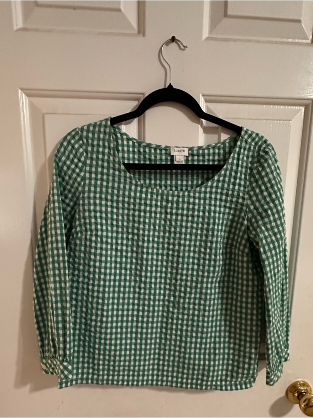 J.Crew Seersucker Gingham Peasant Top In Green And White Size Small - Picture 3 of 6